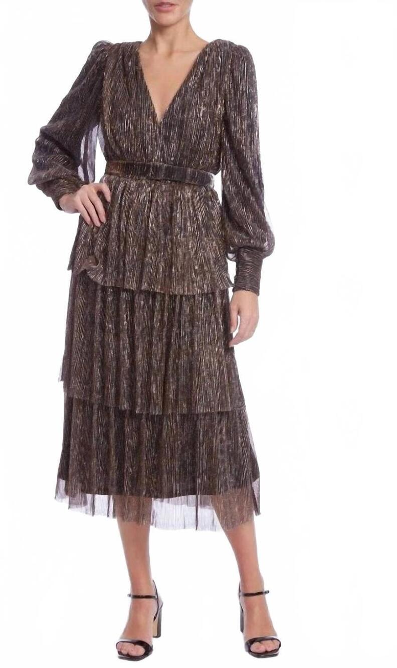 NEW JEWEL BADGLEY MISCHKA shimmer midi dress in copper